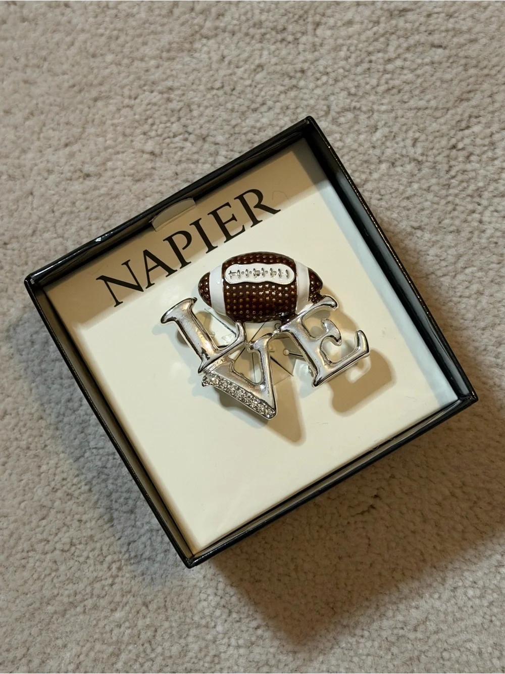 Napier Silver LOVE Pin with Brown Football Accent